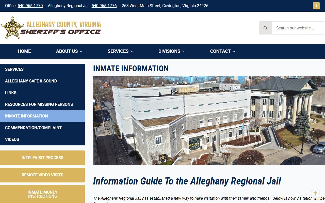 Alleghany County inmate records page showing jail inmate information