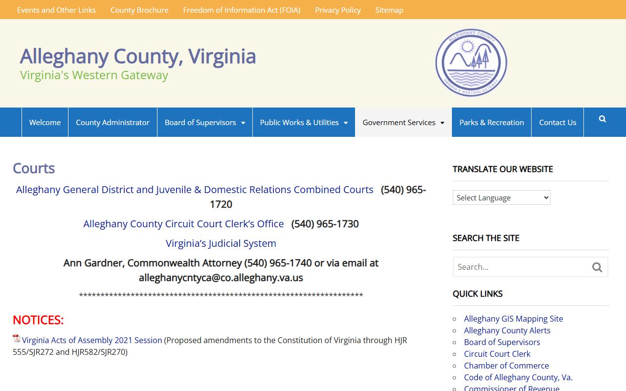 Alleghany County court records after jail arrest court contacts page